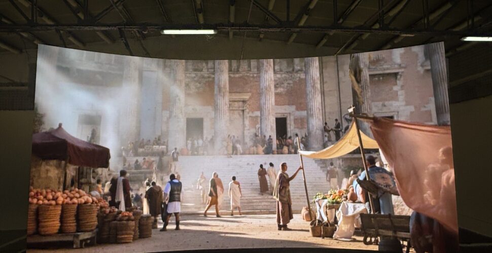 Virtual set Cine3 TV Screenlight a Roma con LED wall Unilumin Diamond – sfondo roma antica per spot openfiber